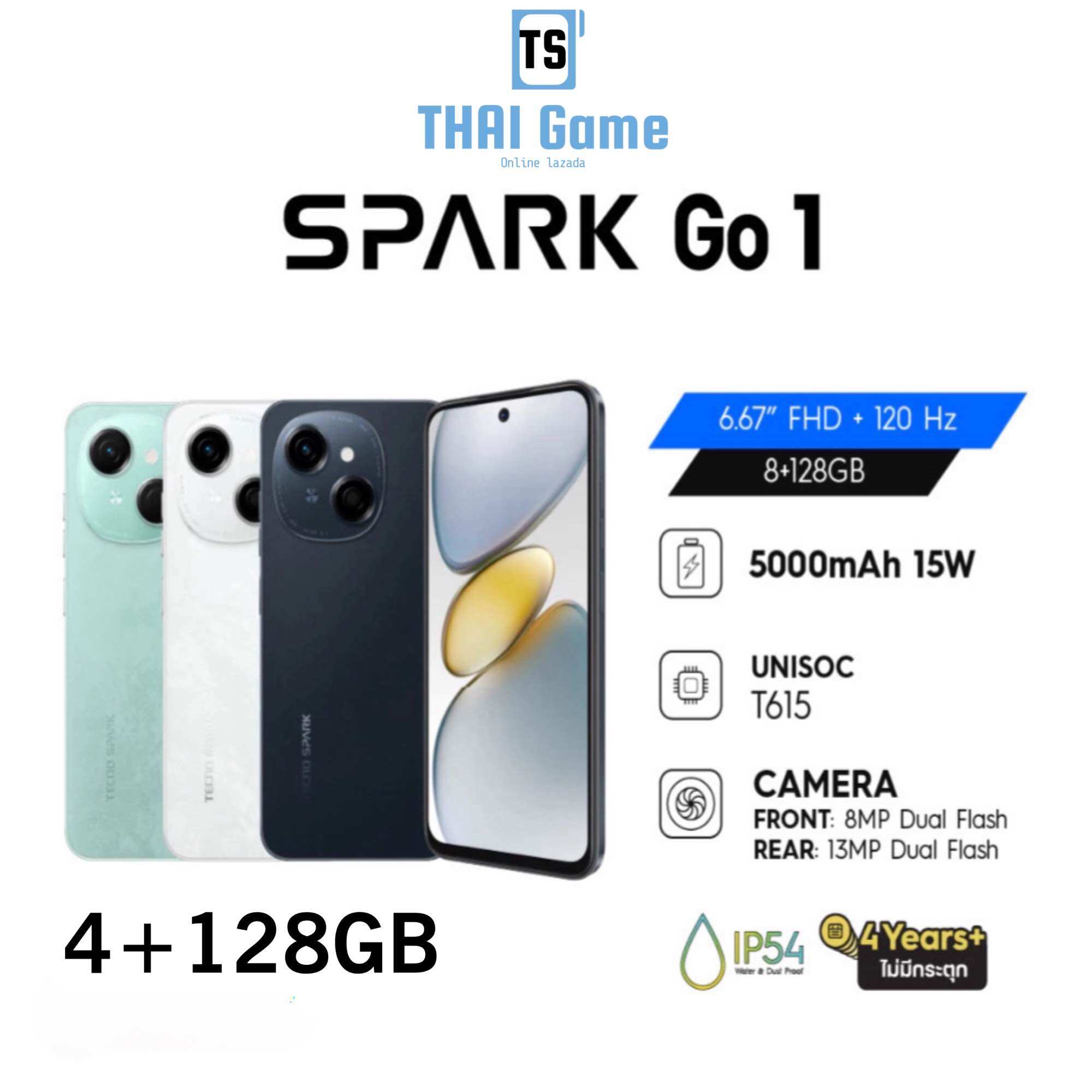 Tecno Spark Go1/(4+128) | 5000mAh Fast Charge15W| 6.67" 120Hz| 8MP| รับประกัน 13 เดือน ราคา 3,199 บาท*ส่งฟรี
