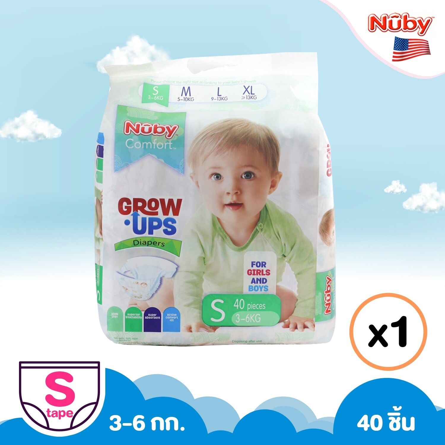 Nuby Easy Tape แพมเพิสไซส์ S แบบเทปกาว Nuby 1แพค สำหรับเด็กแรกเกิด 1แพคมี40ชิ้น ผ้าอ้อมคุณภาพ ราคา 250 บาท*ส่งฟรี