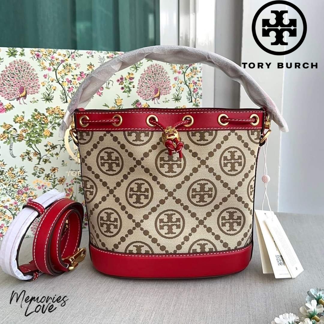 NWT Tory Burch 84336 T Monogram Jacquard Bucket Bag Hazelnut/Tory Red