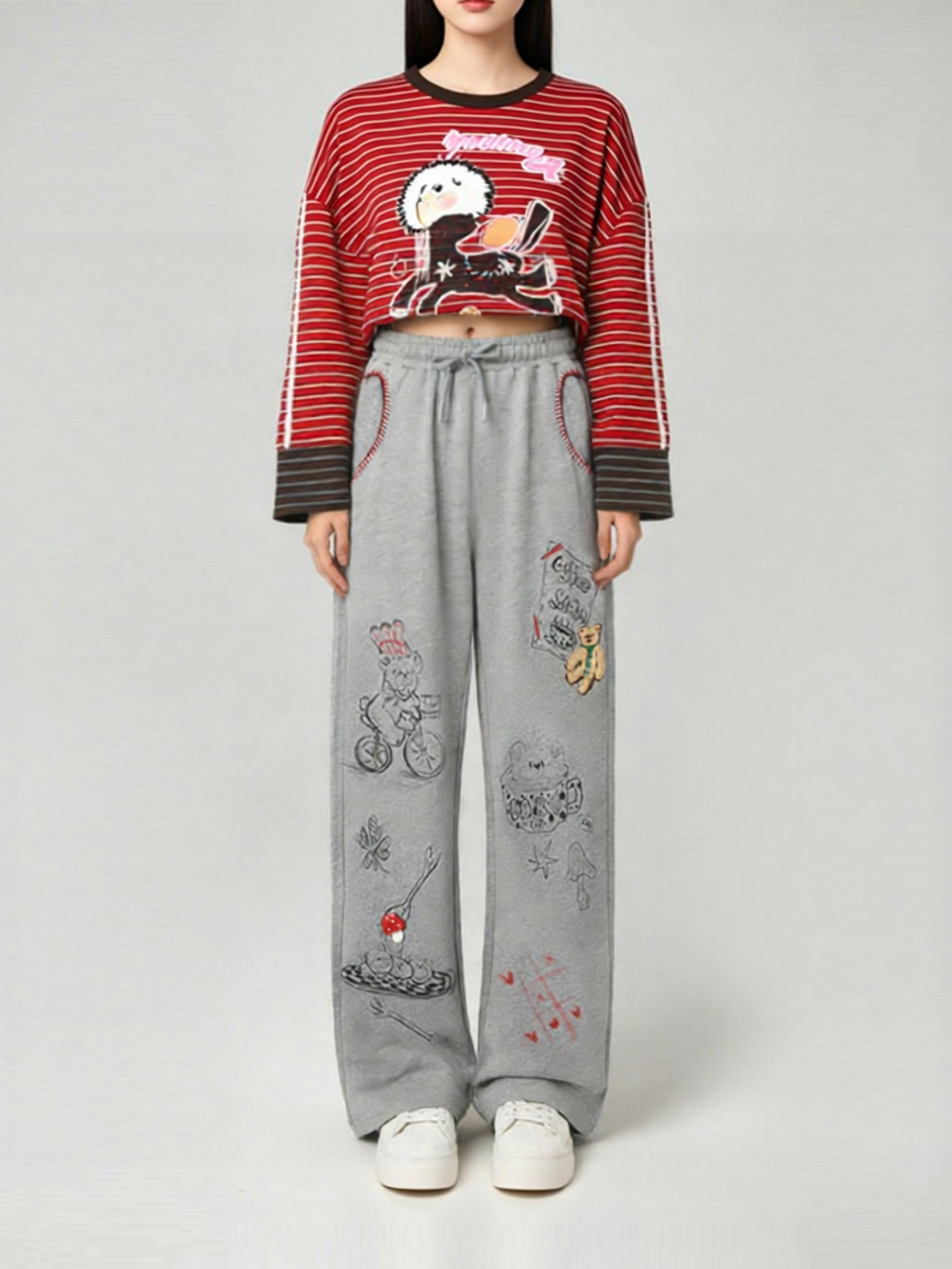LALABOBO | Cute Bear Patch Wide Leg Gray Sweatpants ราคา 5,821 บาท*ส่งฟรี