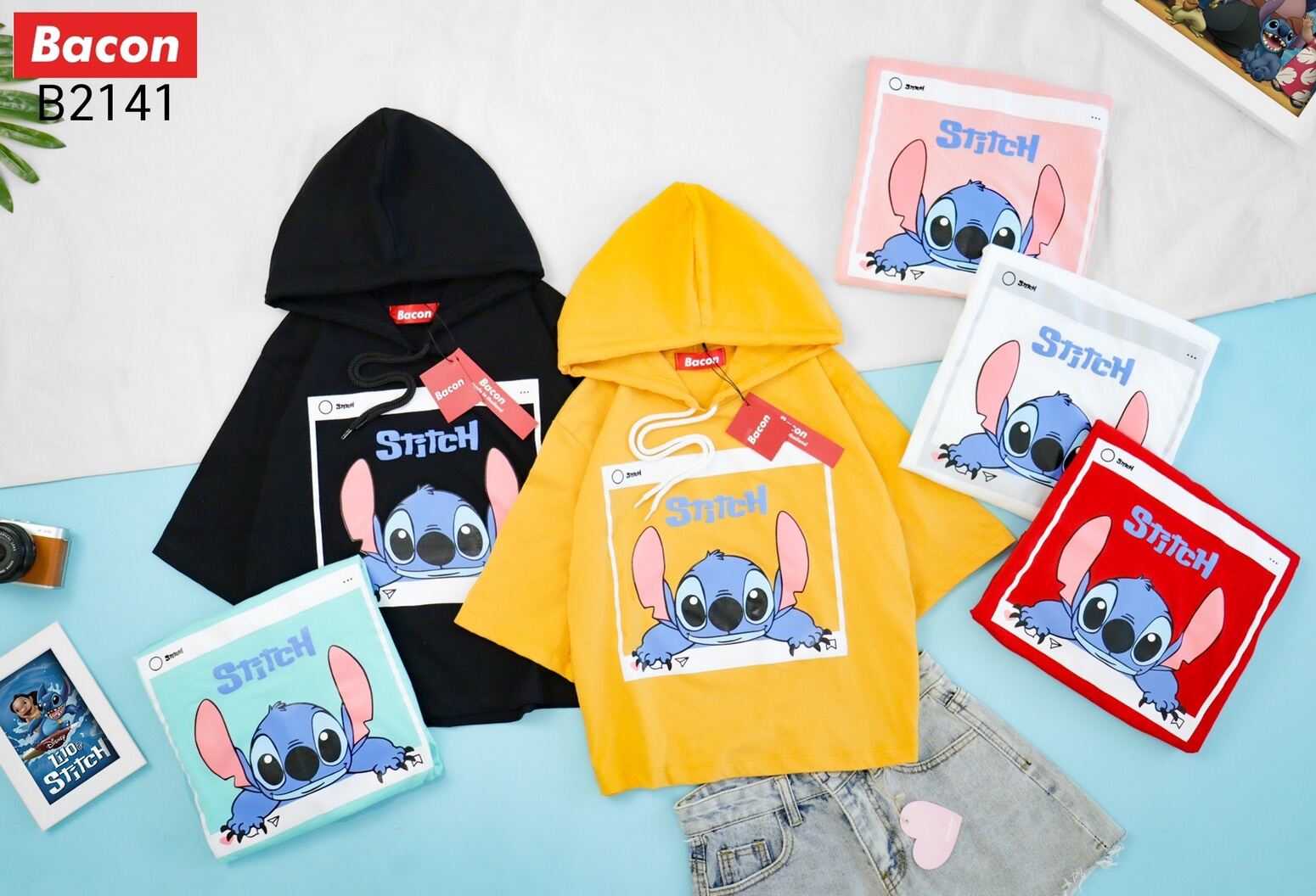 เสื้อครอปมีหมวก ลายน้องสติชช