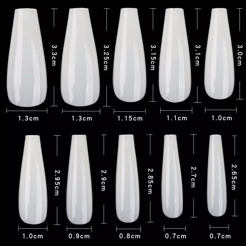 เล็บpvc ทรง  Ballerina  แบบ ยาว 600 ชิ้น เบอร์ 0-9 สีขุ่น  ชื่อสี สีใส