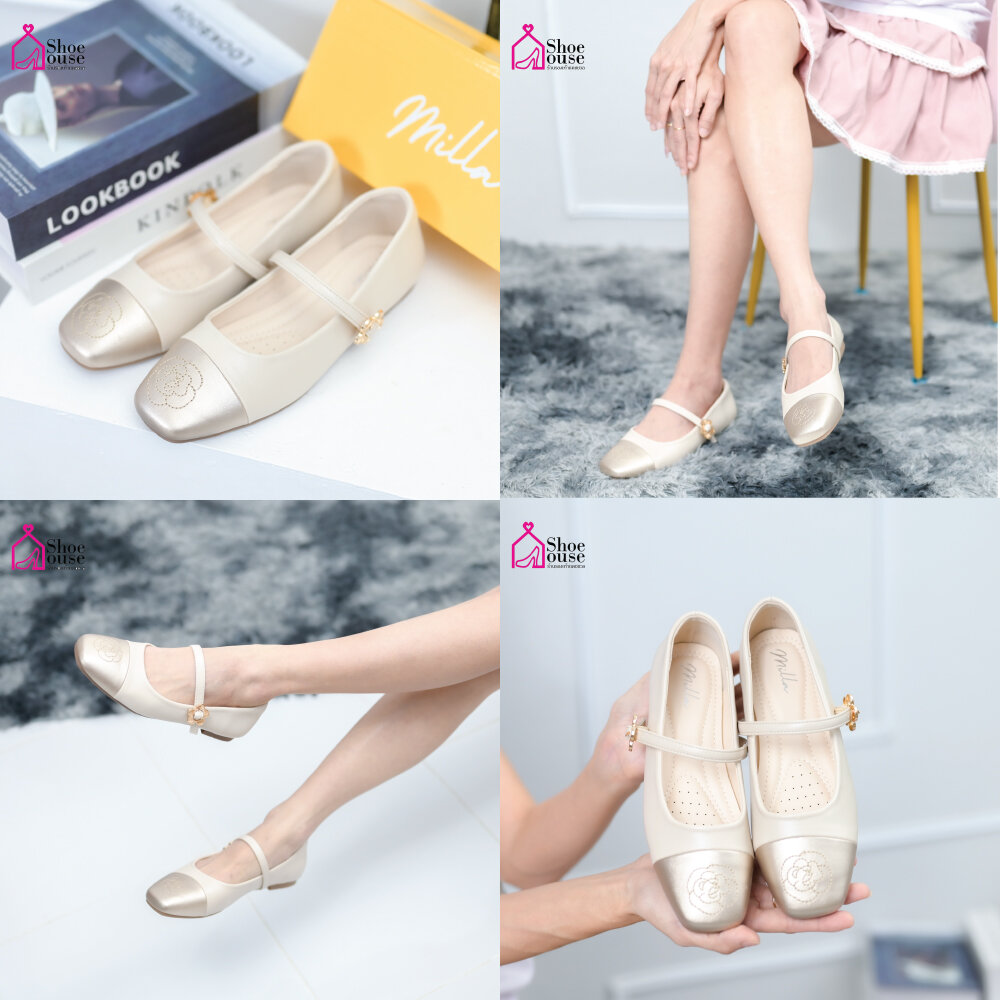 รองเท้าแมรี่เจน หนังนิ่มพื้นเรียบ สายคาดแต่งอะไหล่ หัวมนทูโทนปักดอกcamellia ราคา 390 บาท*ส่งฟรี