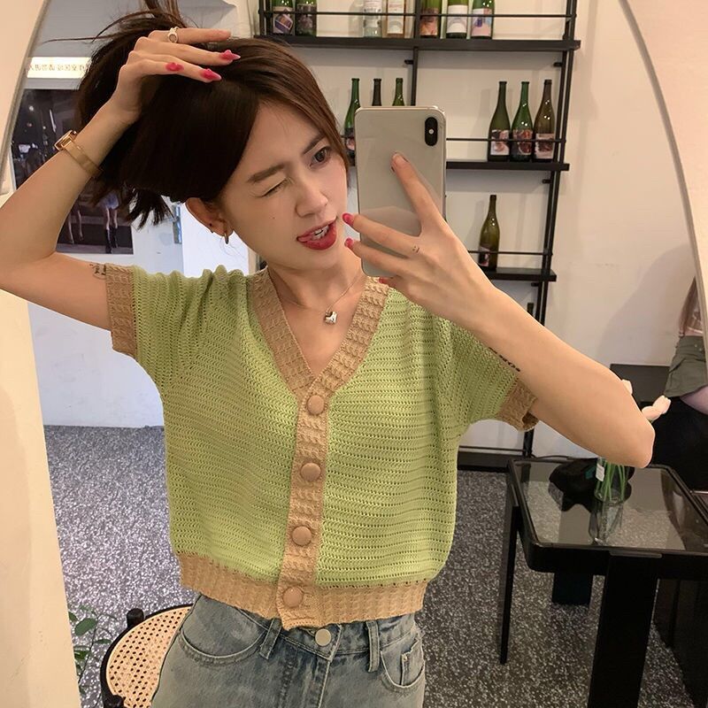 tt Shop พร้อมส่ง เสื้อไหมพรมแขนสั้น คอวีกระดุมด้านหน้าคิ้วๆน่ารัก 11506 ...