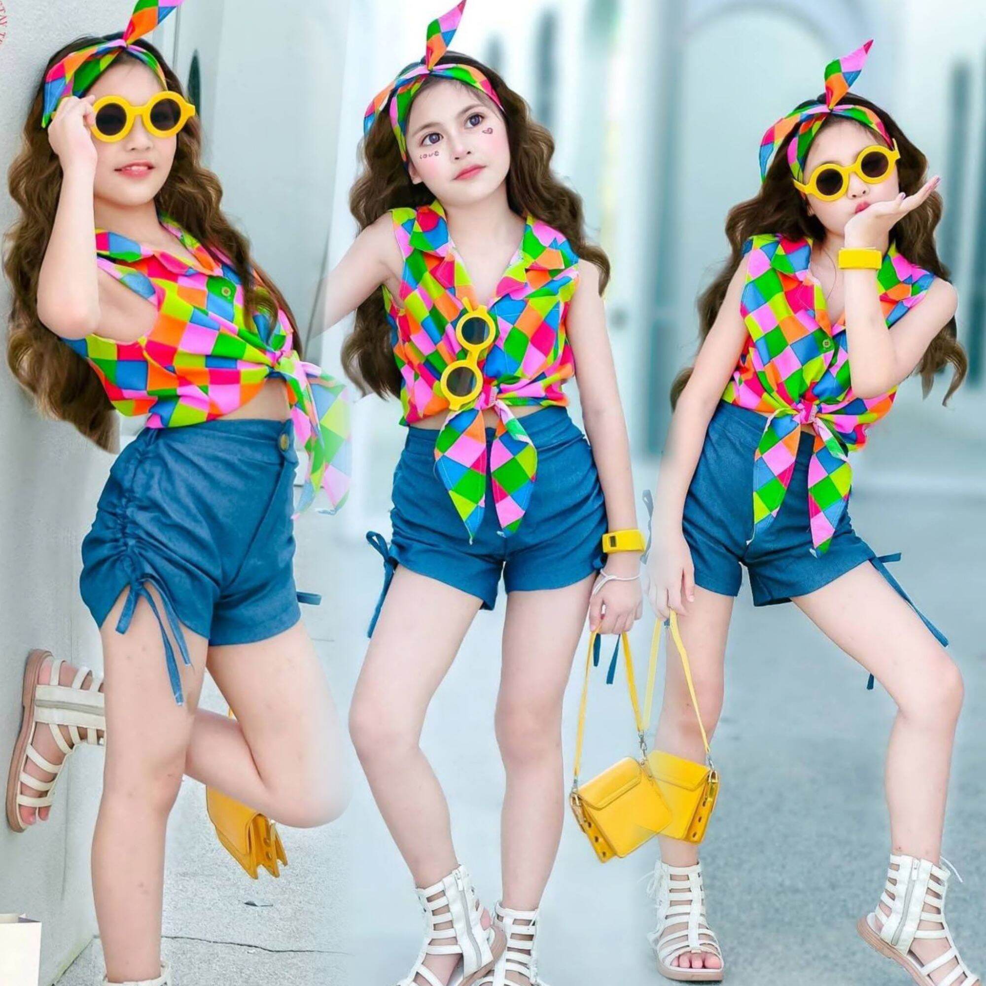 ชุดลายตารางเด็กหญิง สดใส รับ summer ชุดใส่สงกรานต์เด็กหญิง เซท 3ชิ้น ราคา 329 บาท*ส่งฟรี