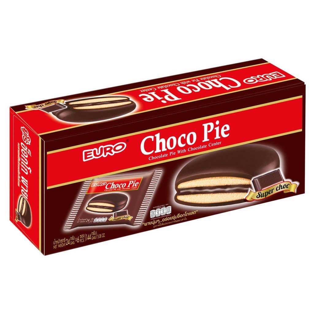 🍓EURO Choco Pie🍫 ยูโร่ ช็อกโก พาย บรรจุ 12 ซอง ขนมพายสอดไส้ ตรายูโร่ ช็อกโกพาย-แยมราสเบอร์รี่ 144 กรัม ราคา 59 บาท*ส่งฟรี