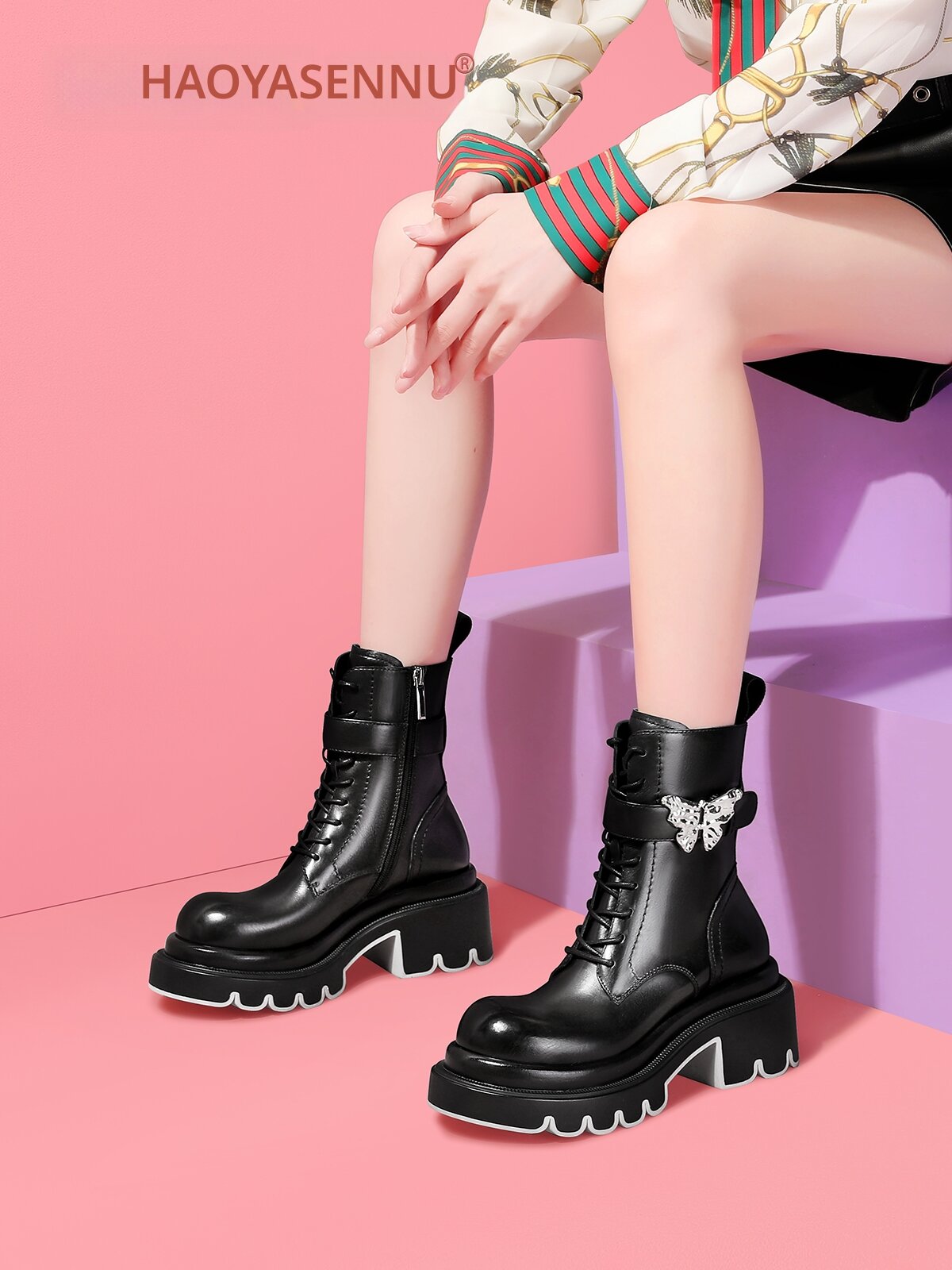 HAOYASENNU | Leather Black Motorcycle Boots ราคา 9,927 บาท*ส่งฟรี
