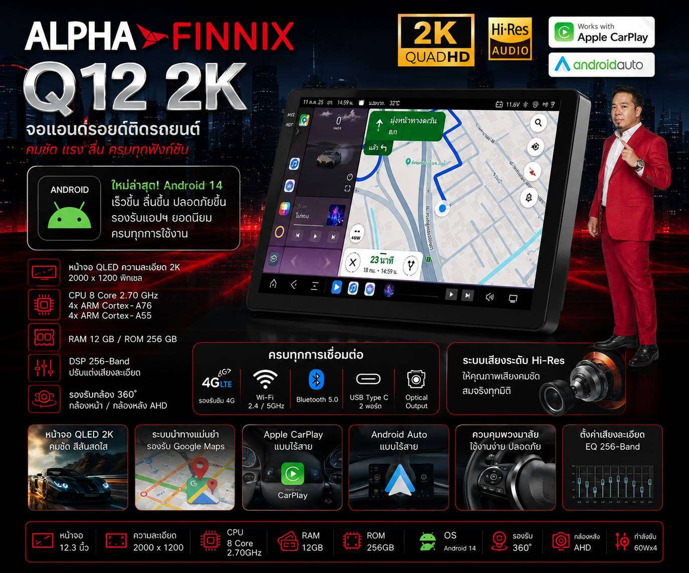 Android Screen ​ Alpha Finnix Q12 Android 14 Ram 12 Gb / Rom 256 Gb /Cpu 8-Core, Newest Model, Screen Size 9 Inches and 10 Inches 2K. Screen ​ And ​ Roid ​ For Cars ราคา 20,900 บาท*ส่งฟรี