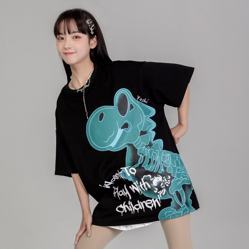HTCU21ss การ์ตูน X-RAY ไดโนเสาร์แขนสั้นคู่รักแฟชั่นประจำชาติลำลองเสื้อยืดปลอกคอกลมหลวมแขนเสื้อครึ่งแขนฮิปฮอปสำหรับผู้ชายและผู้หญิง
