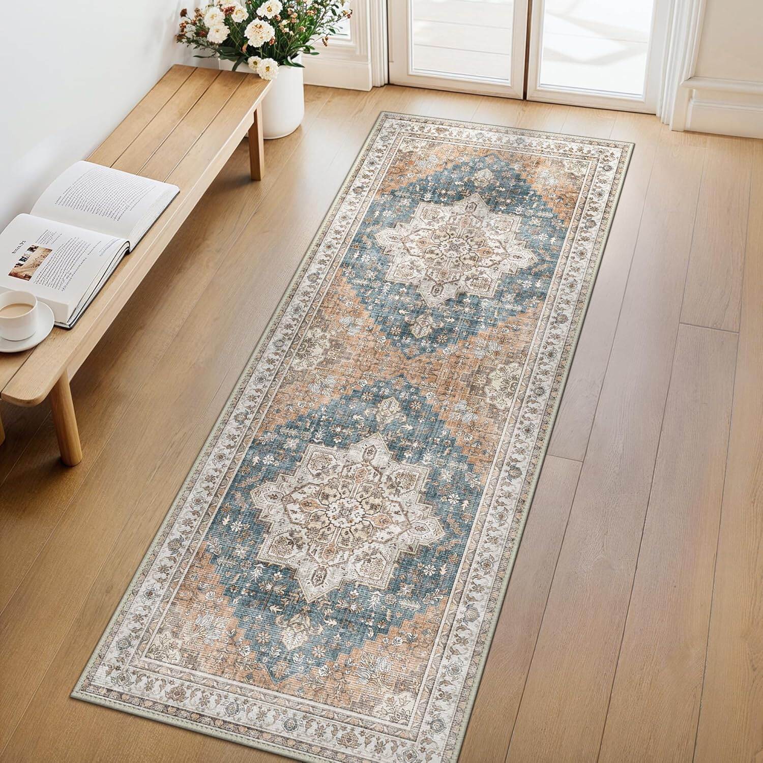 VIKAMA Hallway Runner พรมเครื่องล้างทําความสะอาดได้ลื่น Vintage Retro พรม low Pile น้ําหนักเบานุ่มพิมพ์พรมสําหรับตกแต่งบ้าน