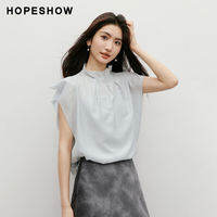 HOPESHOW | เสื้อเบลาซ์แขนสั้น ผ้าชีฟอง คอตั้ง สไตล์ฝรั่งเศส สำหรับผู้หญิง 