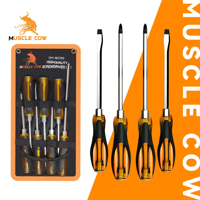 MUSCLE COW ชุดไขควงตอก 7ชิ้น เหล็ก CR-V ท้ายตอกได้ หัวแม่เหล็ก ชุดไขควง ไขควง ไขควงด้ามทะลุ ราคา 167 บาท*ส่งฟรี