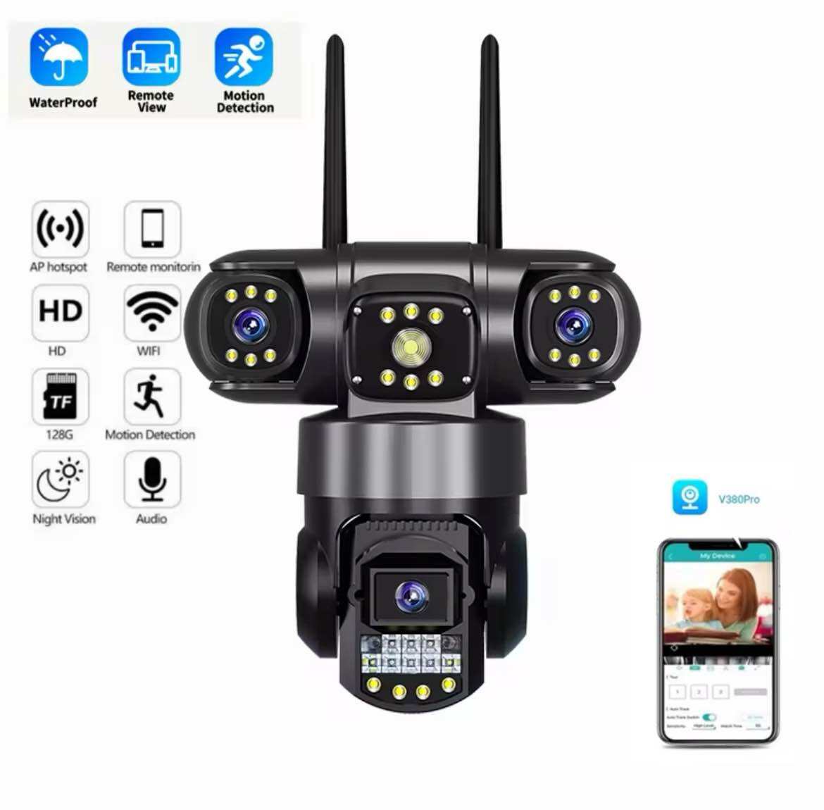 V380 Pro 3 เลนส์ 3 หน้าจอ พร้อมระบบ Wi-Fi PTZ สี การมองเห็นได้ในเวลากลางคืน การตรวจจับการเคลื่อนไหว ระบบเสียงสองทาง IP66 ราคา 859 บาท*ส่งฟรี