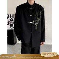 ZHUOCAN | ชุดลำลองชายสไตล์จีนใหม่ ปักไม้ไผ่สีทอง ไหล่เสริม สีดำ