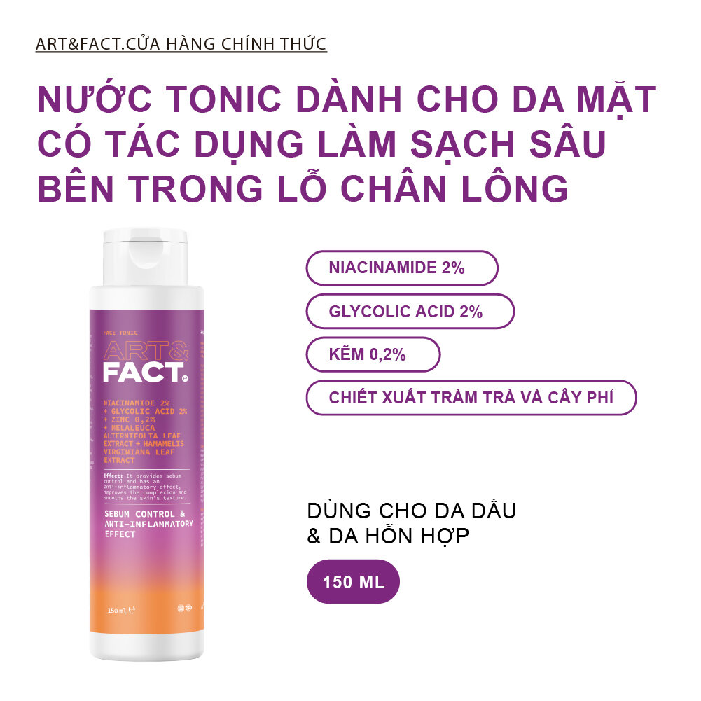 Art & fact thuốc bổ mặt làm sạch sâu lỗ chân lông với niacinamide, axit glycolic, kẽm, chiết xuất cây trà và cây phỉ