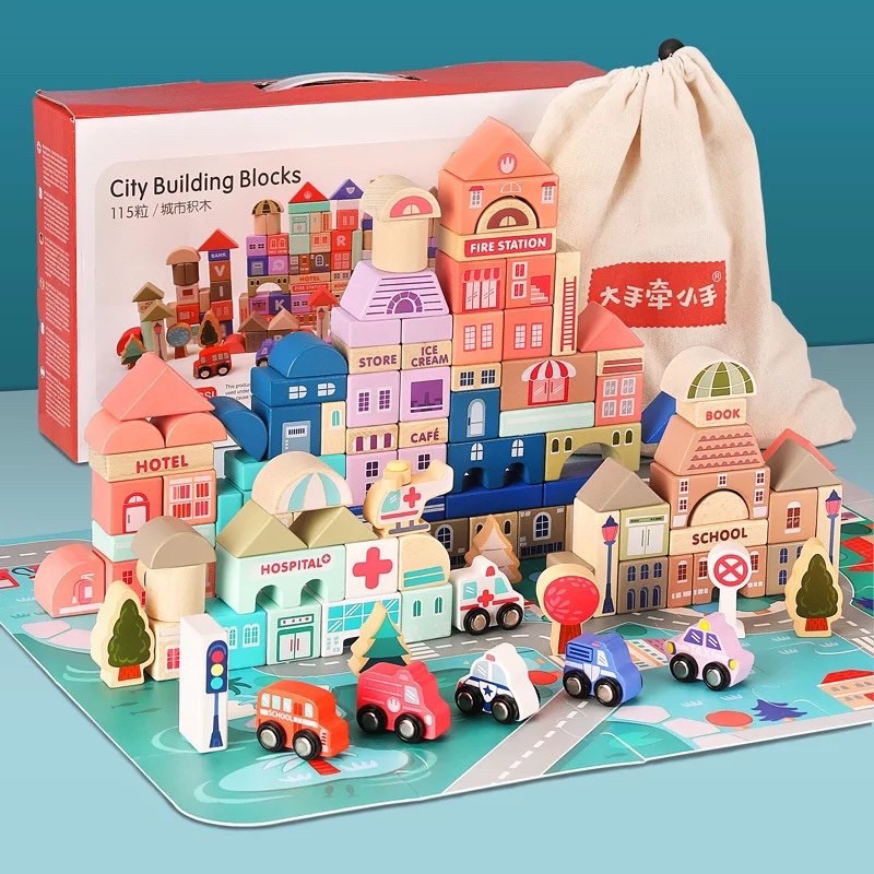 ของเล่นไม้ บล็อคไม้สร้างเมือง สีพาสเทล 115 ชิ้น (แบบกล่อง)