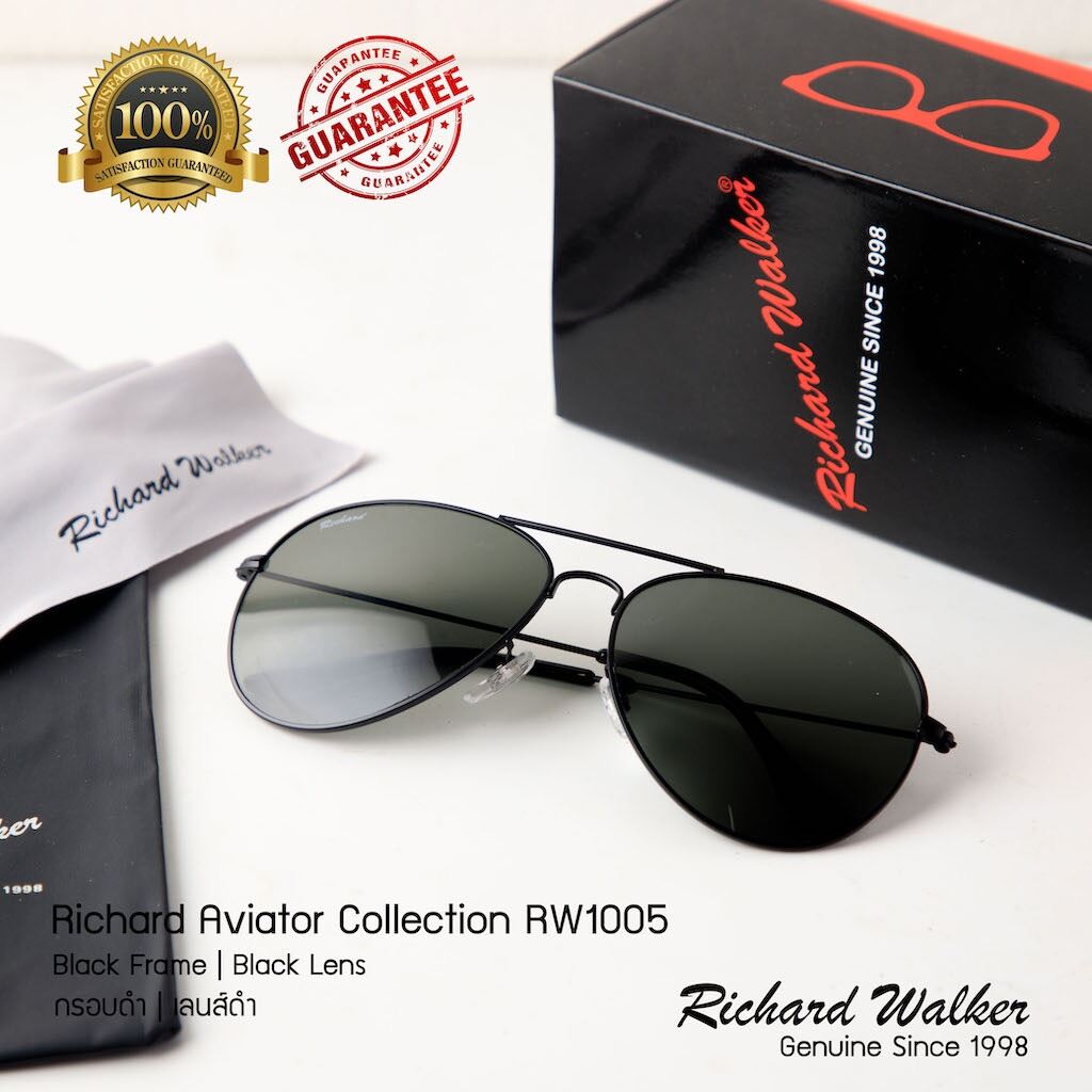 แว่นตากันแดด Richard Walker Aviator RW228 เลนส์กระจกดำ กรอบ ดำ Black Frame Black Lens