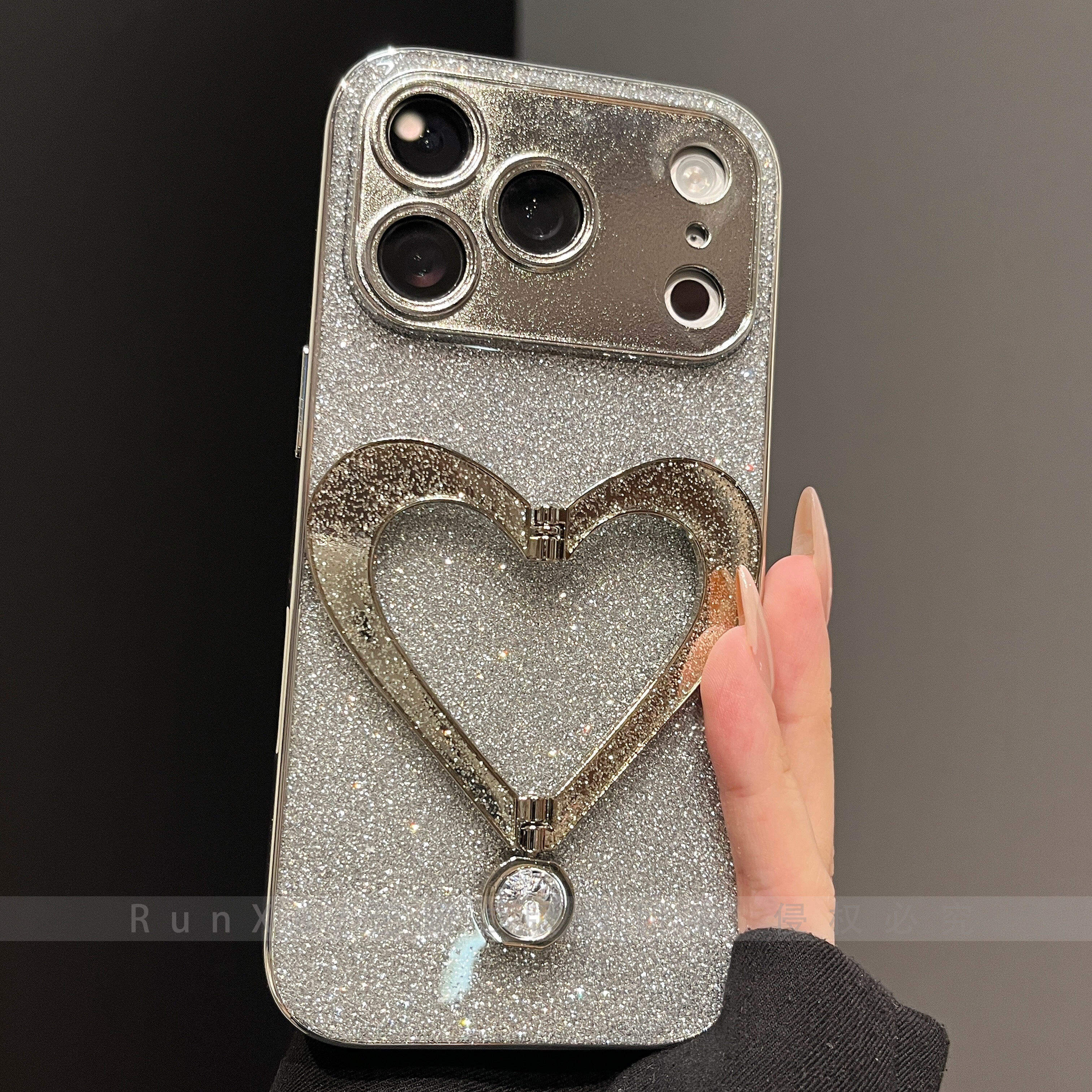 imobile | Shiny Starry Silver Glitter Slim Sparkle Luxury Style with Heart Shaped Stand iPhone Case
