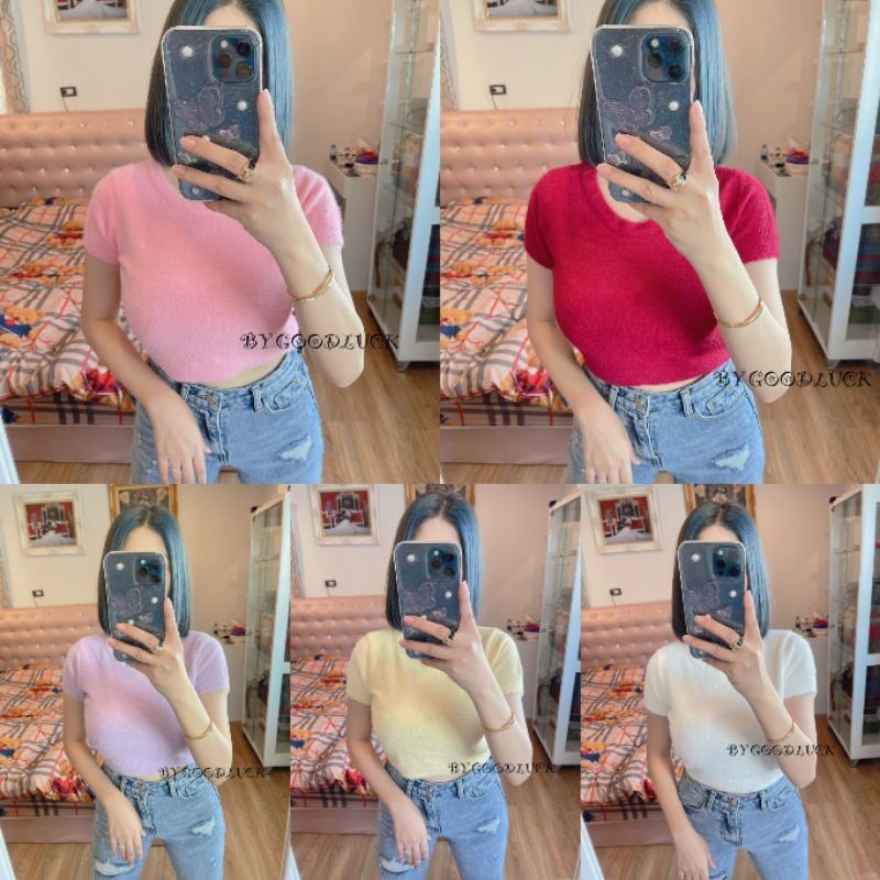🌈SpinnyHouse🌈 เสื้อครอปขนมิ้ง Croptop ไหมพรม มิ้งเรียบ ครอปขนมิ้ง B-019-3-A ราคา 126 บาท*ส่งฟรี