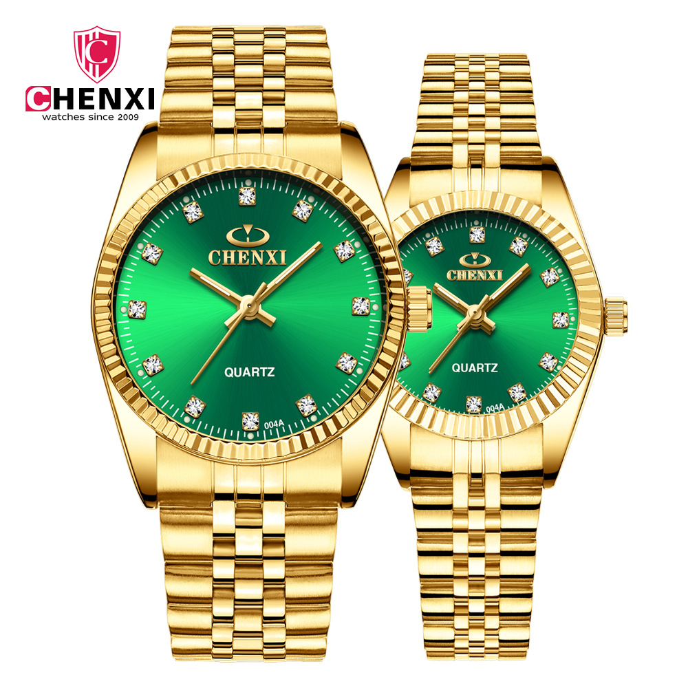 CHENXI สีทองนาฬิกาข้อมือธุรกิจ CLASSIC นาฬิกาข้อมือสีเขียวพื้นผิวสำหรับชายและหญิงนาฬิกาควอตซ์กันน้ำนาฬิกาคู่รักทองคำล้วน IGP
