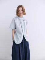 GUWEIROU | เสื้อเชิ้ตแขนสั้นลายทางสไตล์ฝรั่งเศสไซส์เล็ก