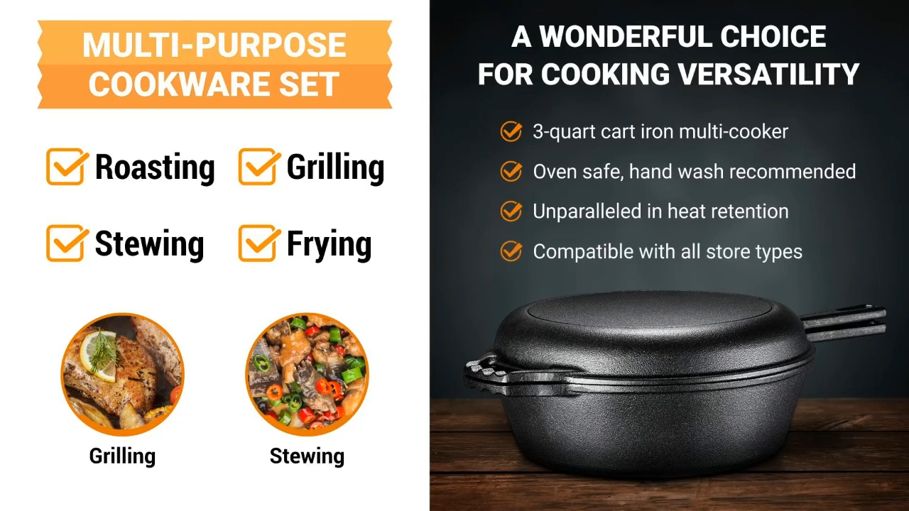 Pre-Seasoned Cast Iron 2-In-1 Heavy-Duty 5.5qt Dutch Oven With Skillet Lid  Set, Oven,Grill, Stove Top, BBQ and Induction Safe