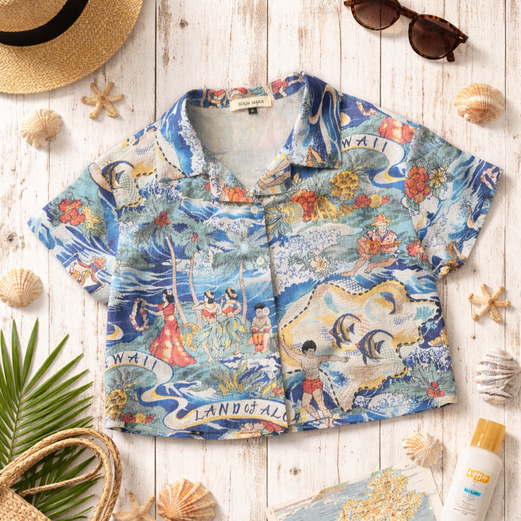 Nolia Maris Women's Shirt, Hawaiian Collar, Corduroy Cotton Fabric, Blue. ราคา 1,290 บาท*ส่งฟรี