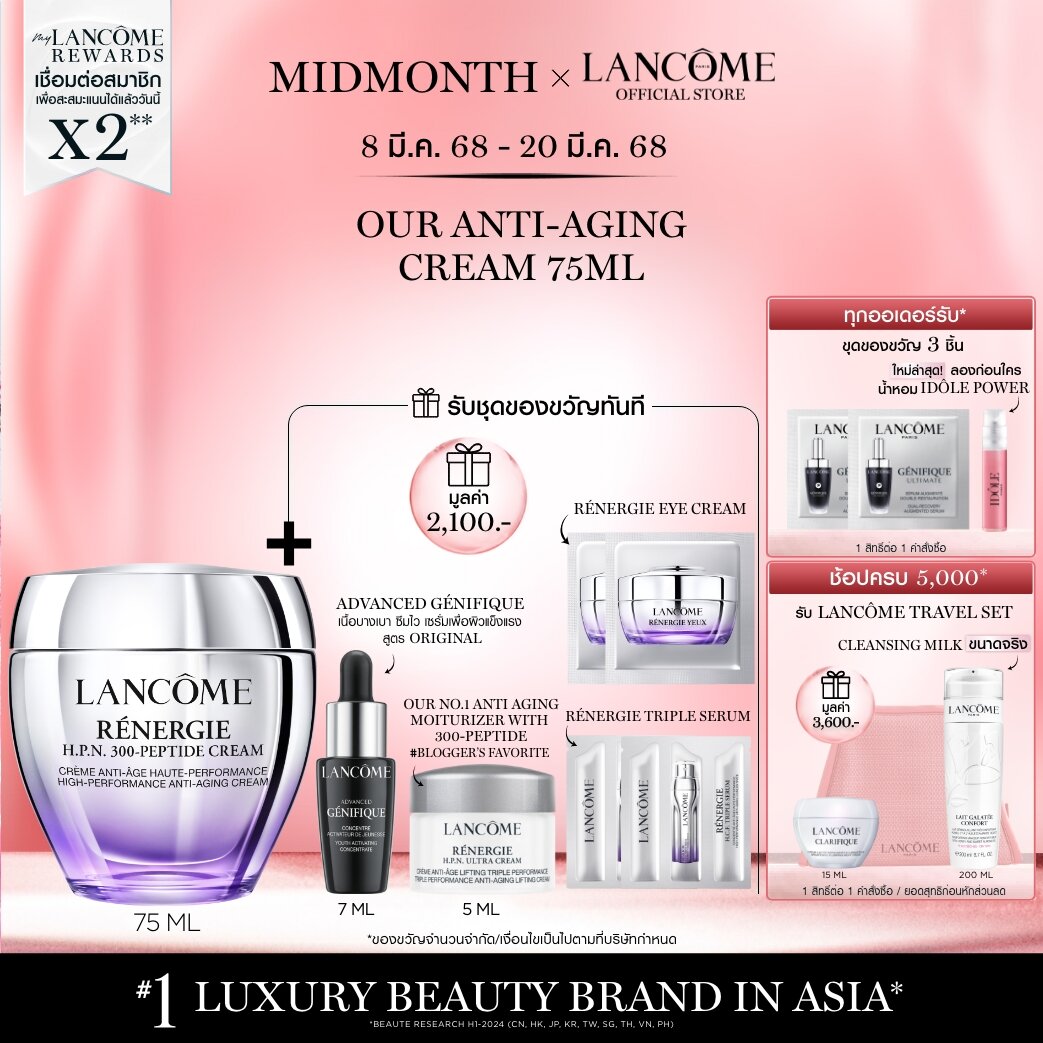 LANCOME RENERGIE H.P.N. 300 PEPTIDE CREAM 75ML มอยเจอไรเซอร์ ชะลอเวลาความร่วงโรยของผิว พร้อมเผยผิวใหม่ที่ดูอ่อนเยาว์ เนื้อบางเบา (สกินแคร์ มอยซ์เจอร์ไรเซอร์ Moisturizer ครีมบำรุง Retinol ทดแทนเรตินอล ลังโคม) ราคา 6,450 บาท*ส่งฟรี