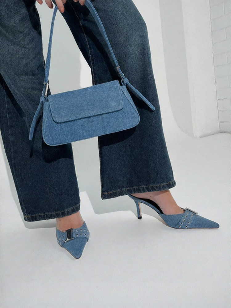 Tony Bianco | Denim Pointed Toe Metal Buckle Mules ราคา 8,716 บาท*ส่งฟรี