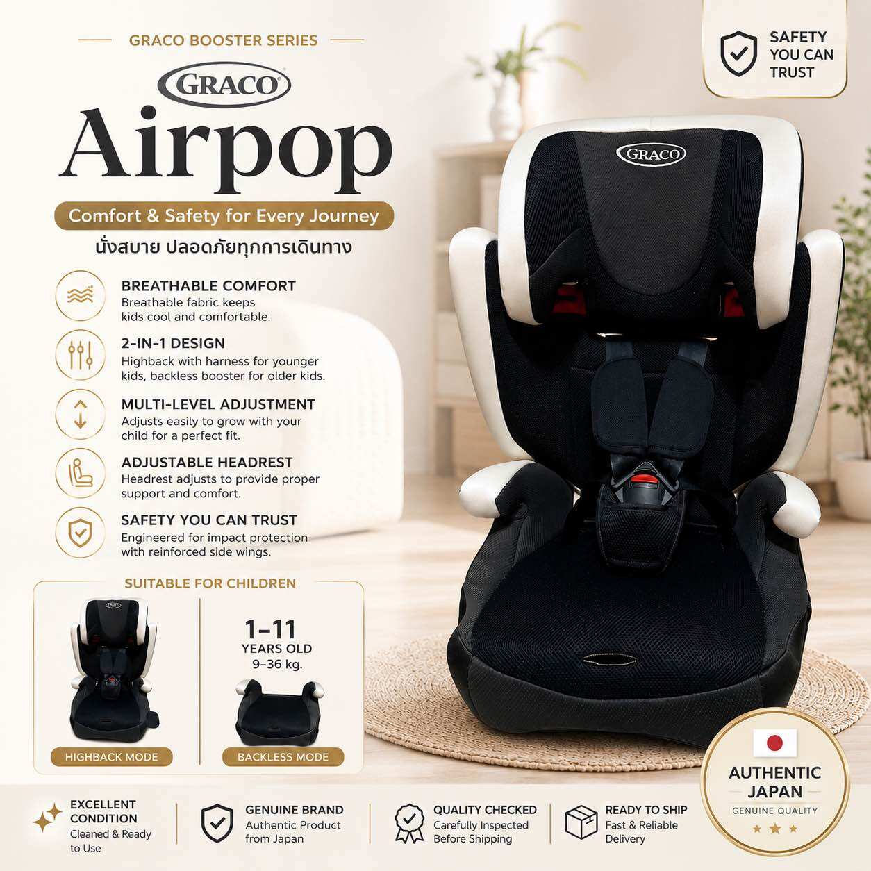 Graco AirPop Booster Car Seat 2-in-1 คาร์ซีทเด็ก 9–36 กก. Highback & Backless Booster ปรับพนักพิงศีรษะได้ Baby Car Seat ของแท้จากญี่ปุ่น