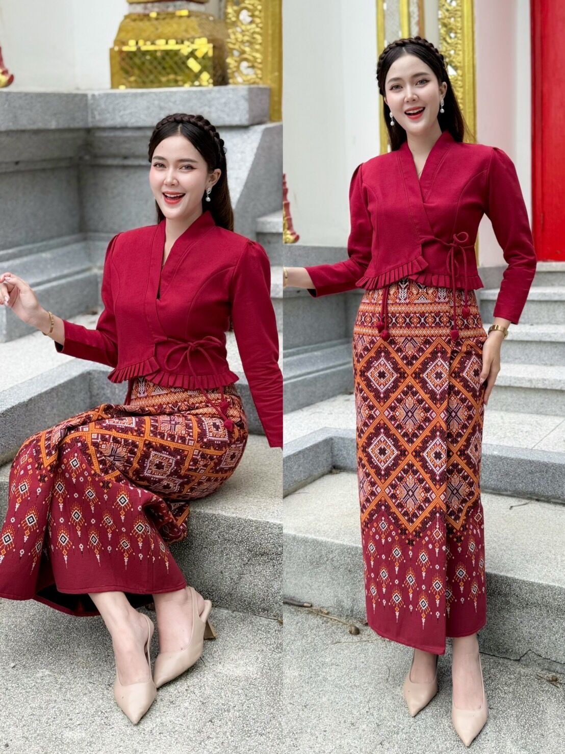ชุดผ้าไทยใส่ออกงานชุดเซ็ท2ชิ้นผ้าถุงป้ายซิบข้างเสื้อไทอ่านผ้าฝ้ายพิมพ์ลายอัดกาวทั้งชุด