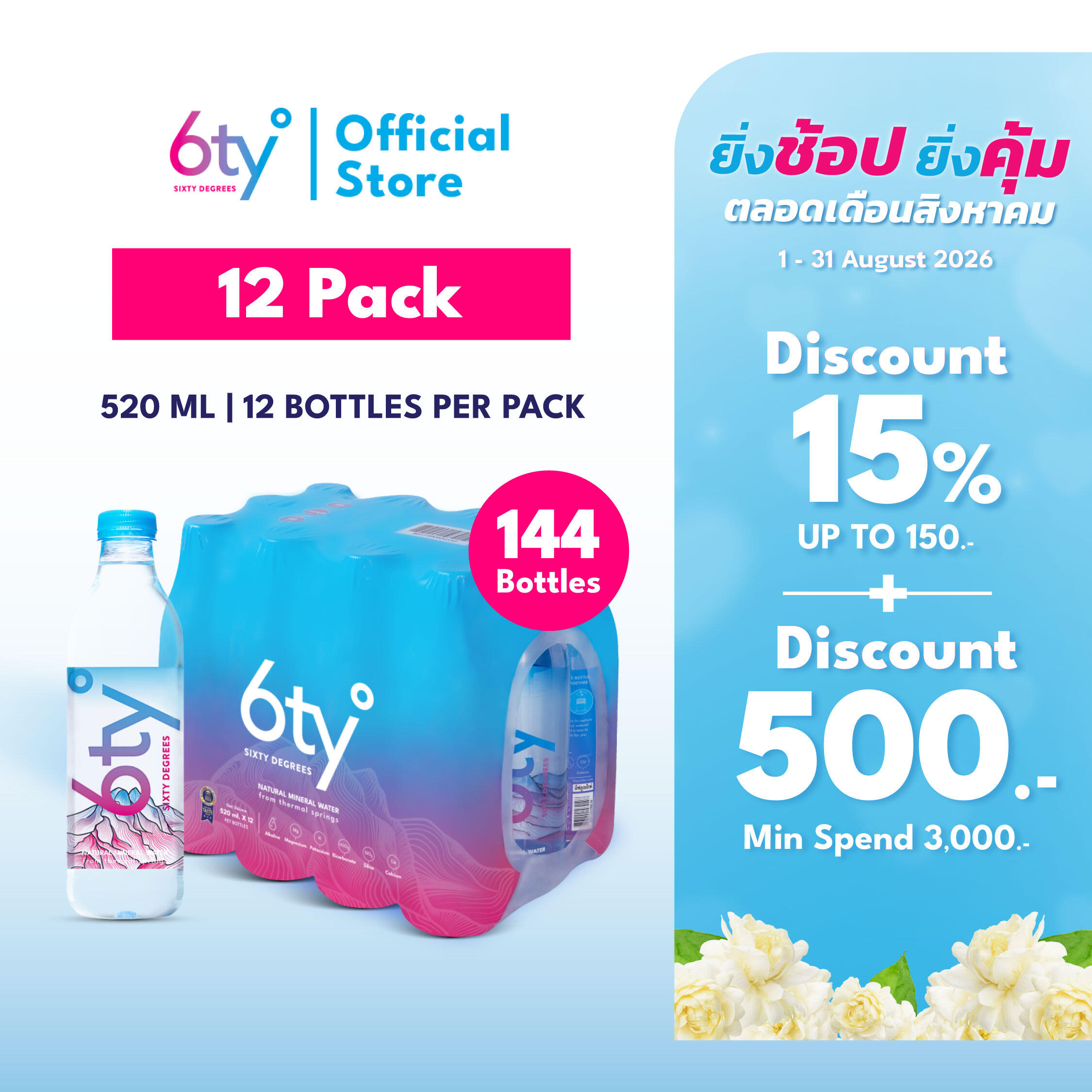 [Free Delivery] 520ml 12 Packs 144 Bottles Mineral Water 6ty Degrees Mineral Water 100% Natural Mineral Water from Chiang Dao Mineral Water Source. ราคา 2,016 บาท*ส่งฟรี