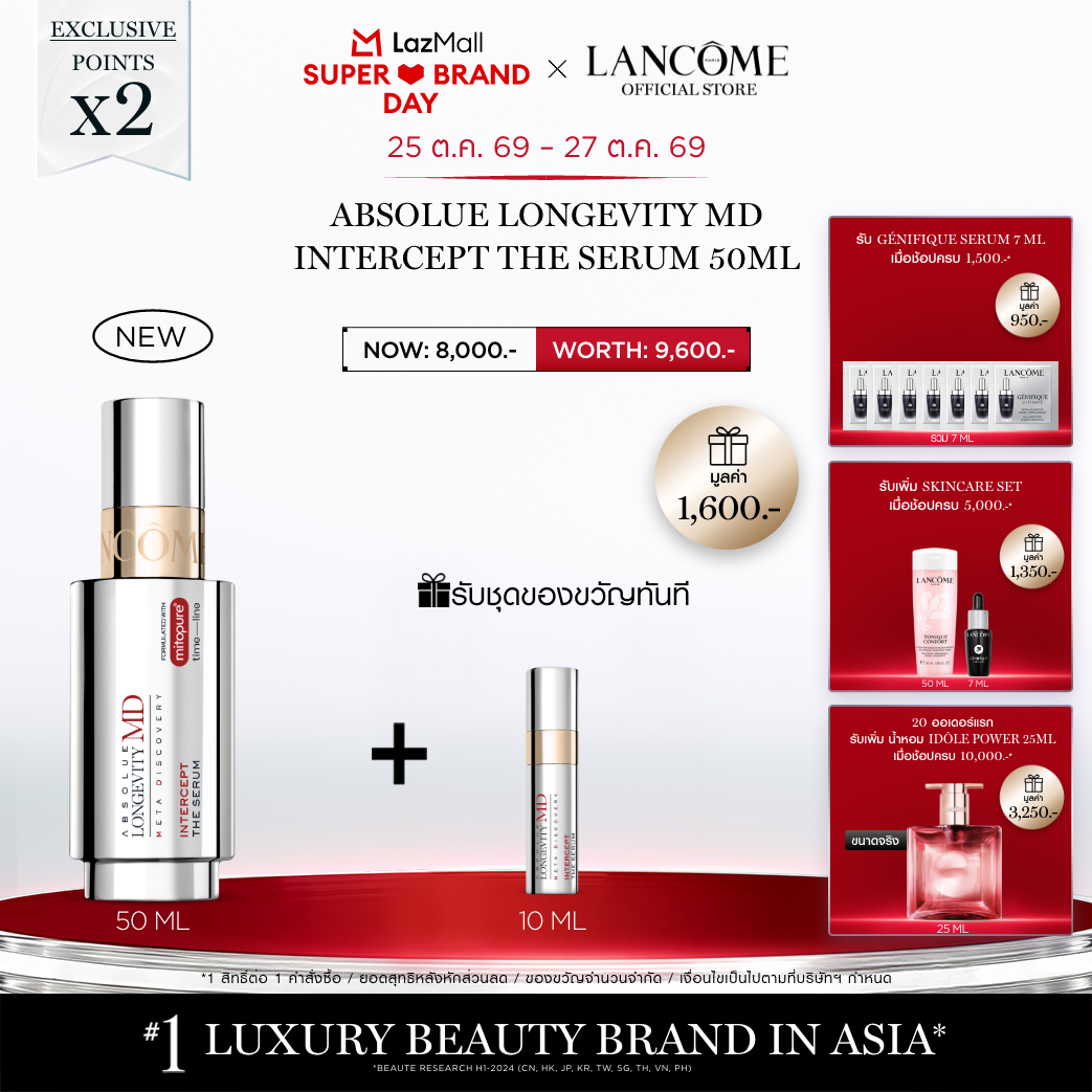 เซรั่มบำรุงผิวหน้า เอสเซนส์ Lancôme ใหม่! ABSOLUE LONGEVITY MD INTERCEPT THE 50ml เพื่อความอ่อนเยาว์เจเนอเรชันใหม่ ออกแบบมาเพื่อทำหน้าที่เปรียบเสมือนปราการสกัดกั้นสัญญาณแห่งวัยทันทีที่เริ่มปรากฏชัดบนผิว ราคา 8,000 บาท*ส่งฟรี