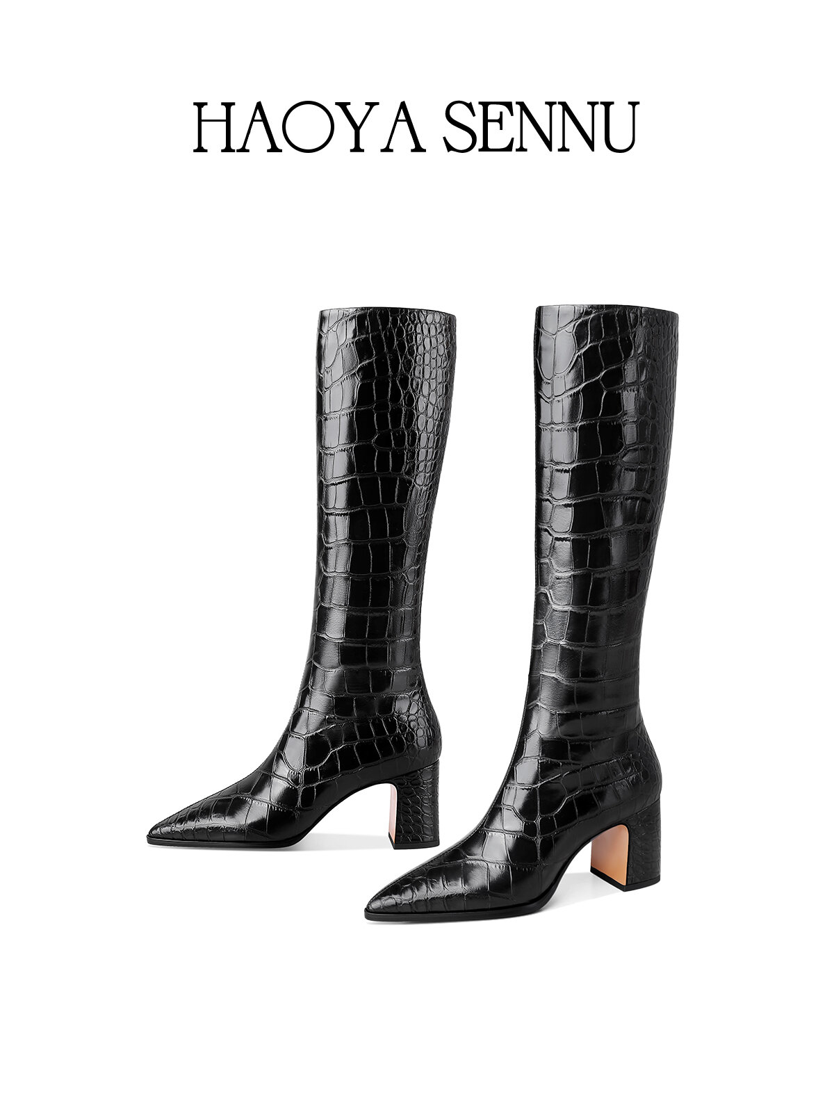HAOYASENNU | Crocodile Pattern Genuine Leather Long Boots Rough Heels Under Knee Straight Shaft Pointed Toe ราคา 9,974 บาท*ส่งฟรี