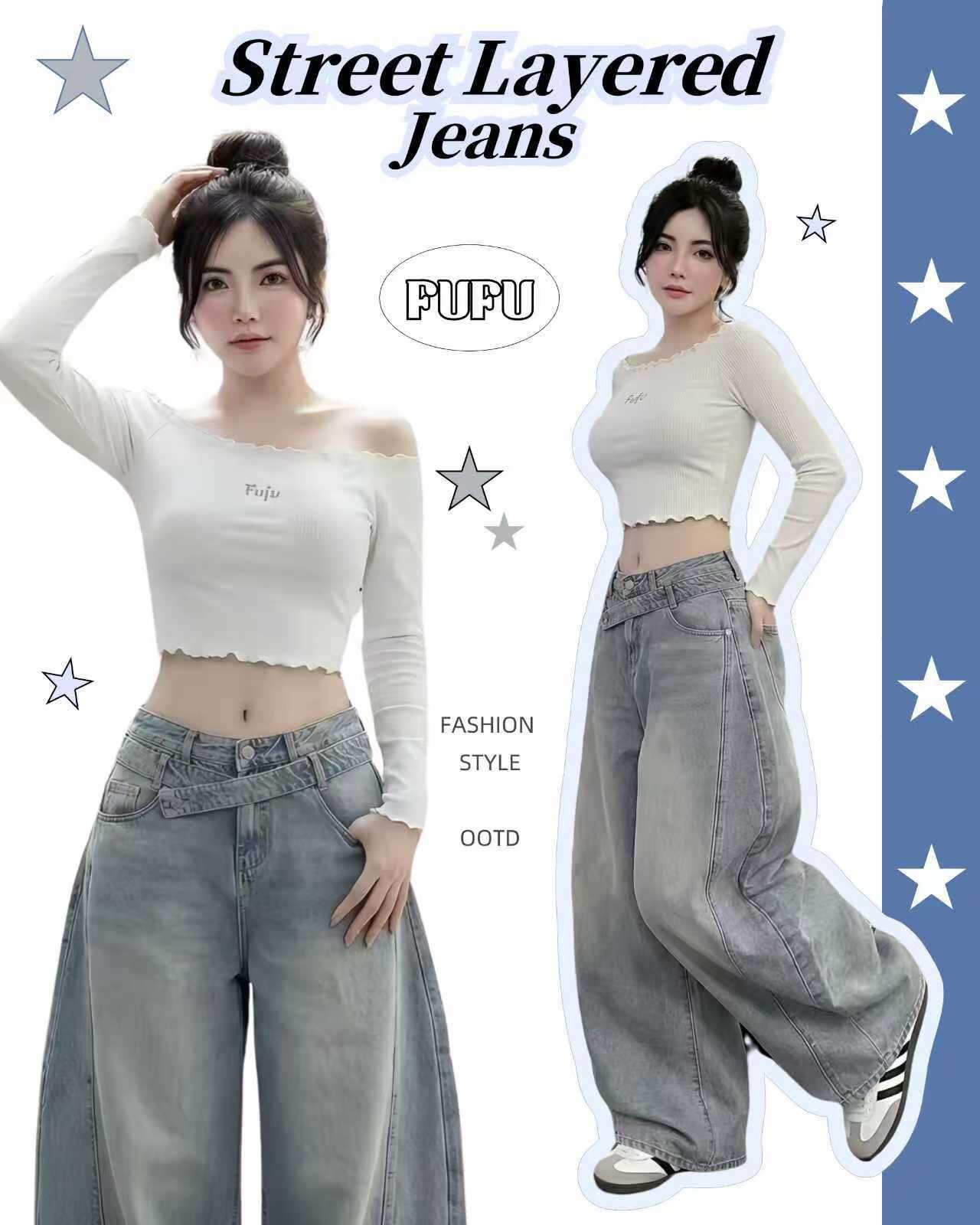 Fufu | Street Layered Jeans, Long Jeans with Layered Edges. ราคา 1,290 บาท*ส่งฟรี