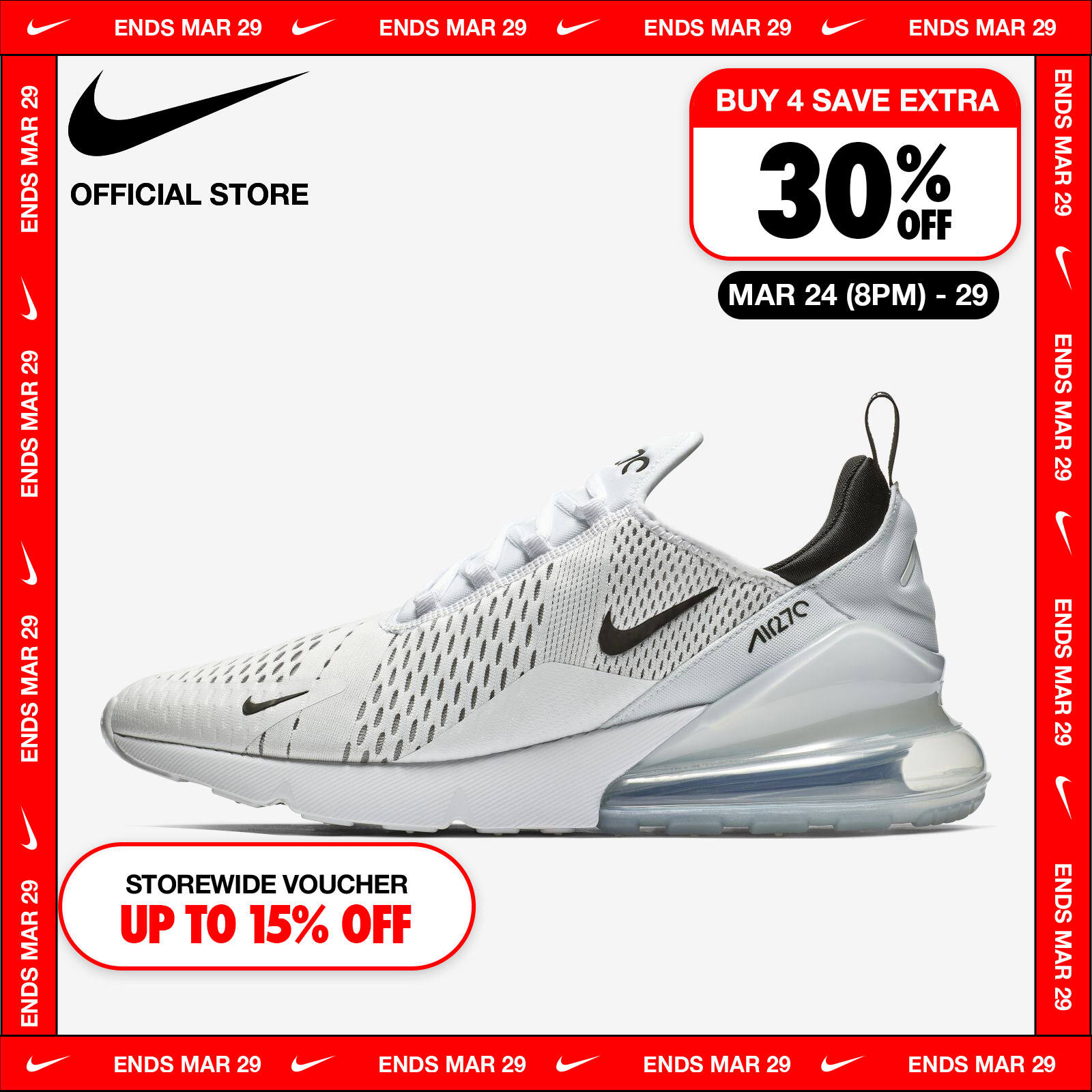 Nike Men's Air Max 270 Shoes - White ไนกี้ รองเท้าผู้ชาย แอร์ แม็กซ์ 270 - สีขาว ราคา 5,500 บาท*ส่งฟรี