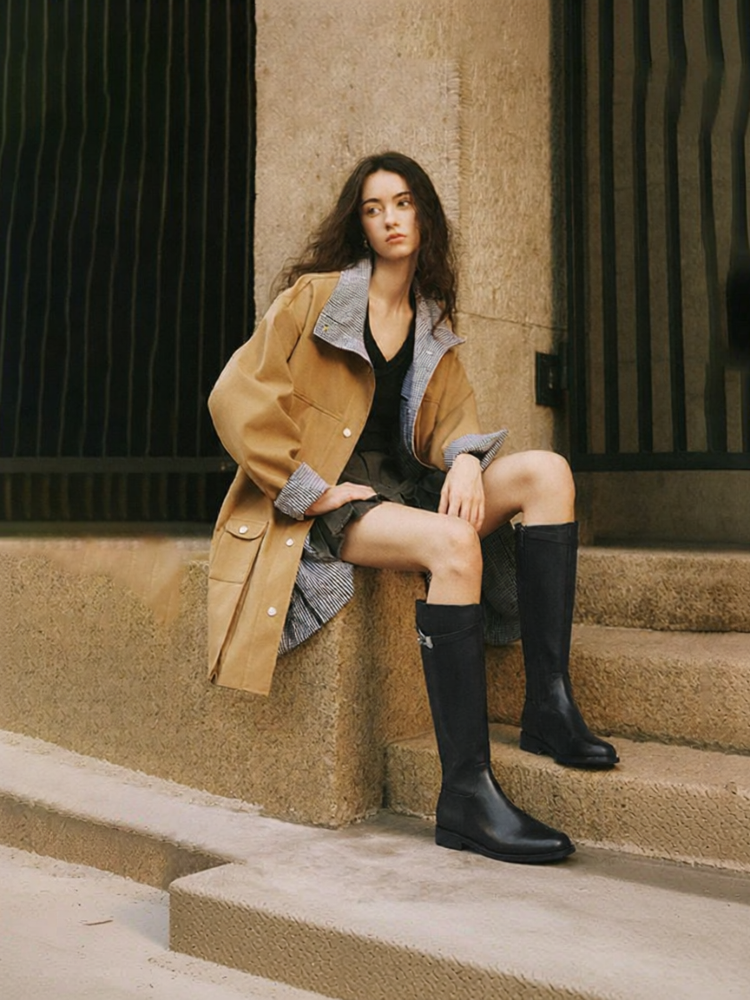 belle | Slimming Low Heel Suede Leather Tall Boots ราคา 8,894 บาท*ส่งฟรี