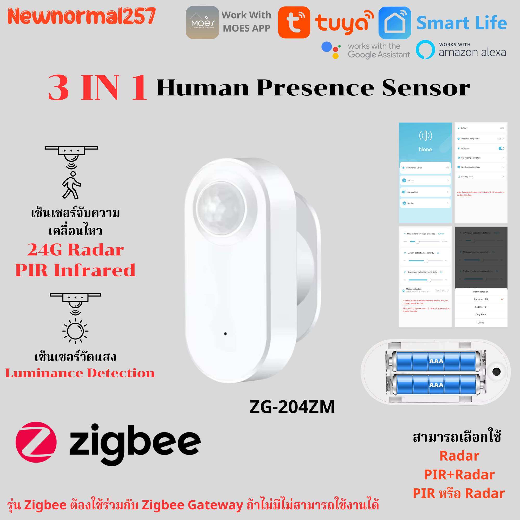 Tuya Zigbee Pir+24G Radar+Luminance (ZG-204ZM) เซ็นเซอร์ตรวจจับความเคลื่อนไหวPIR+24Gเรดาร์+เซ็นเซอร์วัดแสง ราคา 359 บาท*ส่งฟรี