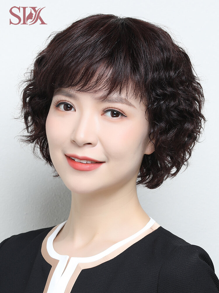 SIX | Natural Thin Full Wig for Women Middle-aged Real Human Hair ราคา 2,641 บาท*ส่งฟรี