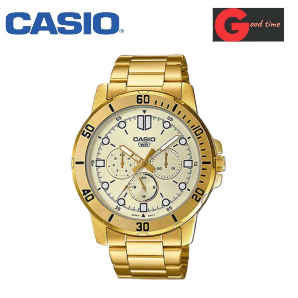 Mtp-vd300g-9eudf นาฬิกาคุณผู้ชายที่ชอบความหรูหราชอบสีทองหน้าปัดแบบสามเข็มไม่ซำ้ใครสายสแตนเลสทนทานแบบบานพับสวมใส่ง่าย ราคา 2,400 บาท*ส่งฟรี