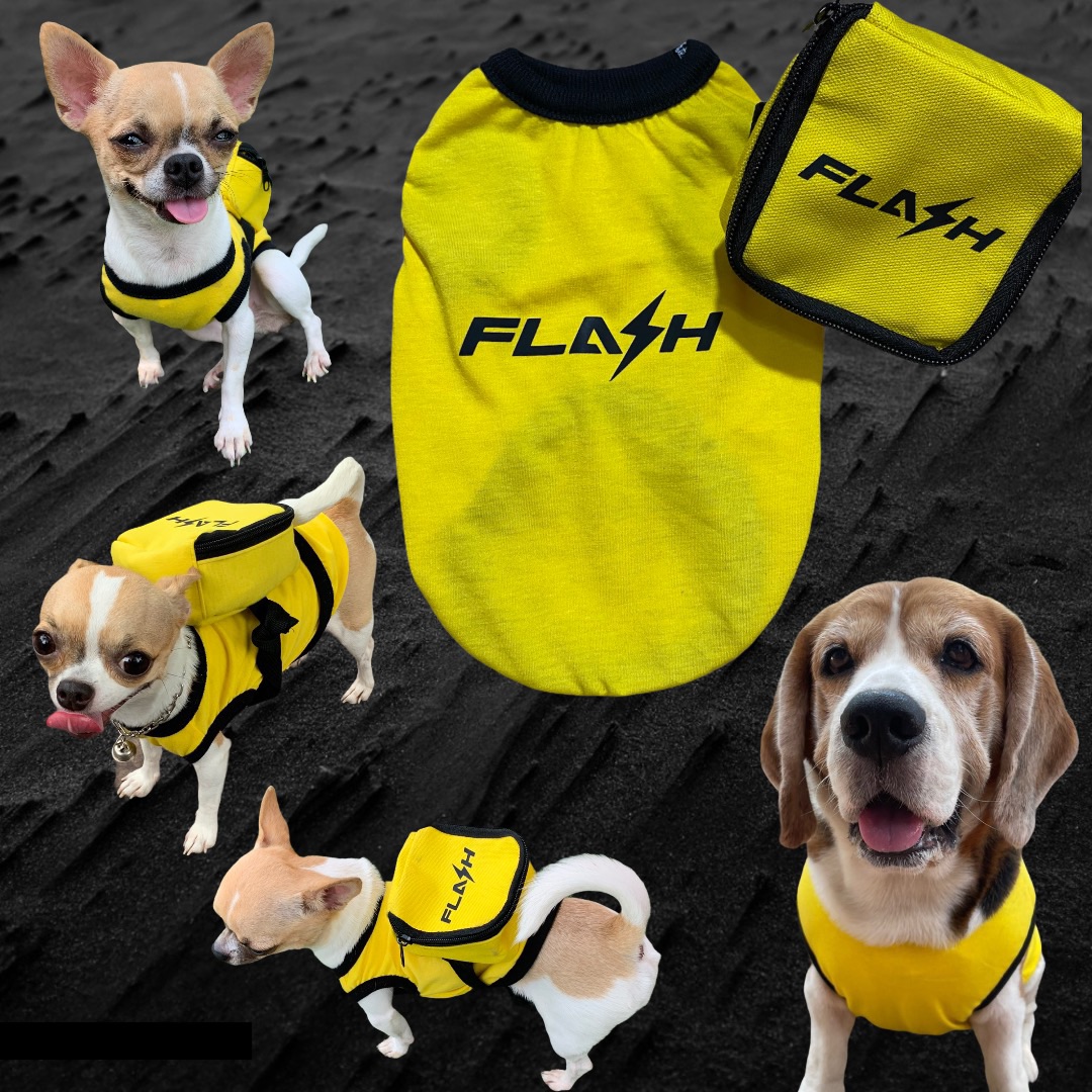 ชุดแฟรช Flash เสื้อสุนัขหมาแมว เสื้อแฟรช  ชุดหมาแมวน่ารักเดริเวอรี่ ชุดFlashสำหรับสุนัข (ราคาเฉพาะเสื้อ) (มีกระเป๋าขายแยก)