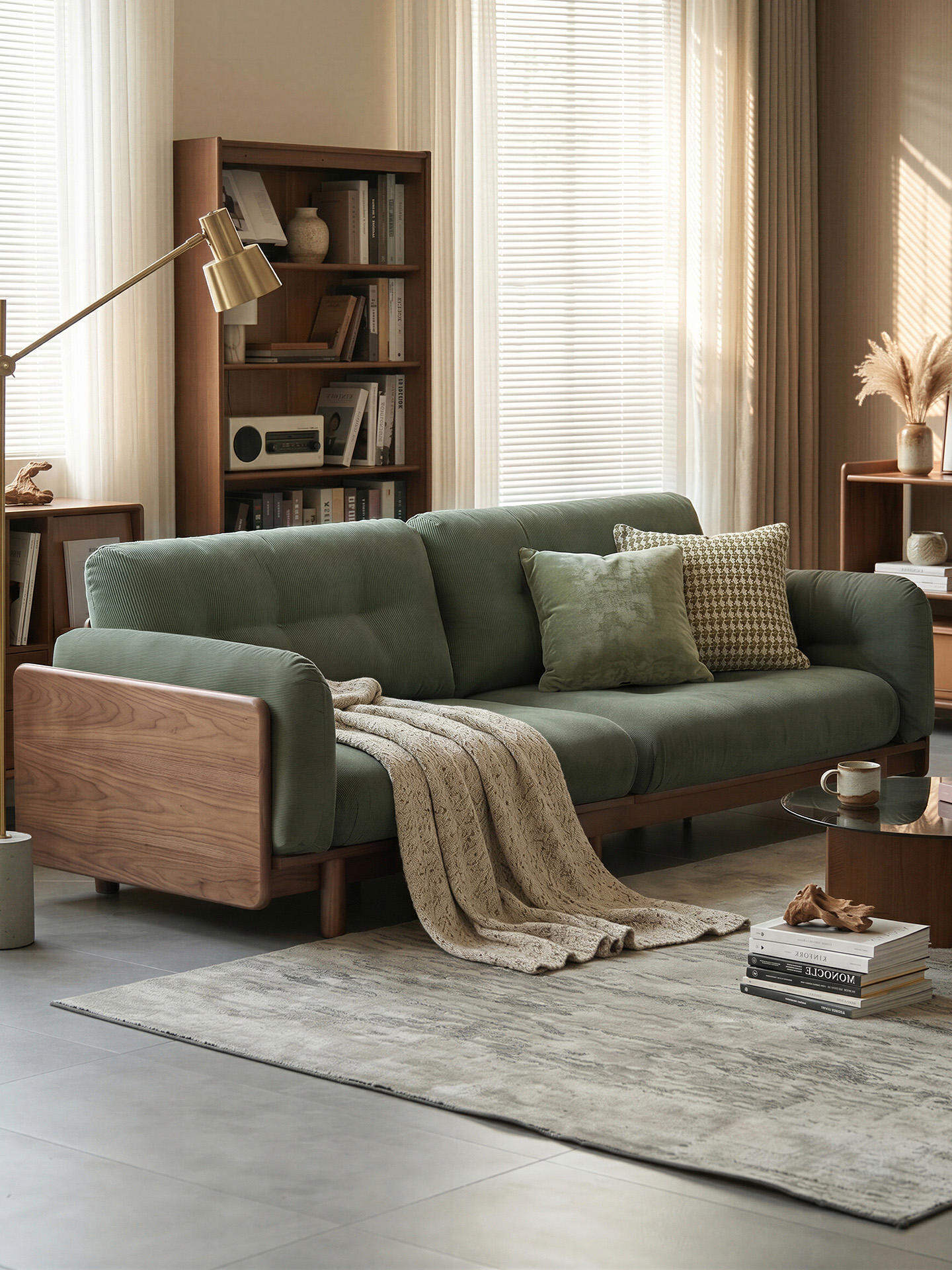 YIWO | Modern Simple Style Removable and Washable Walnut Wood Chenille Fabric Sofa