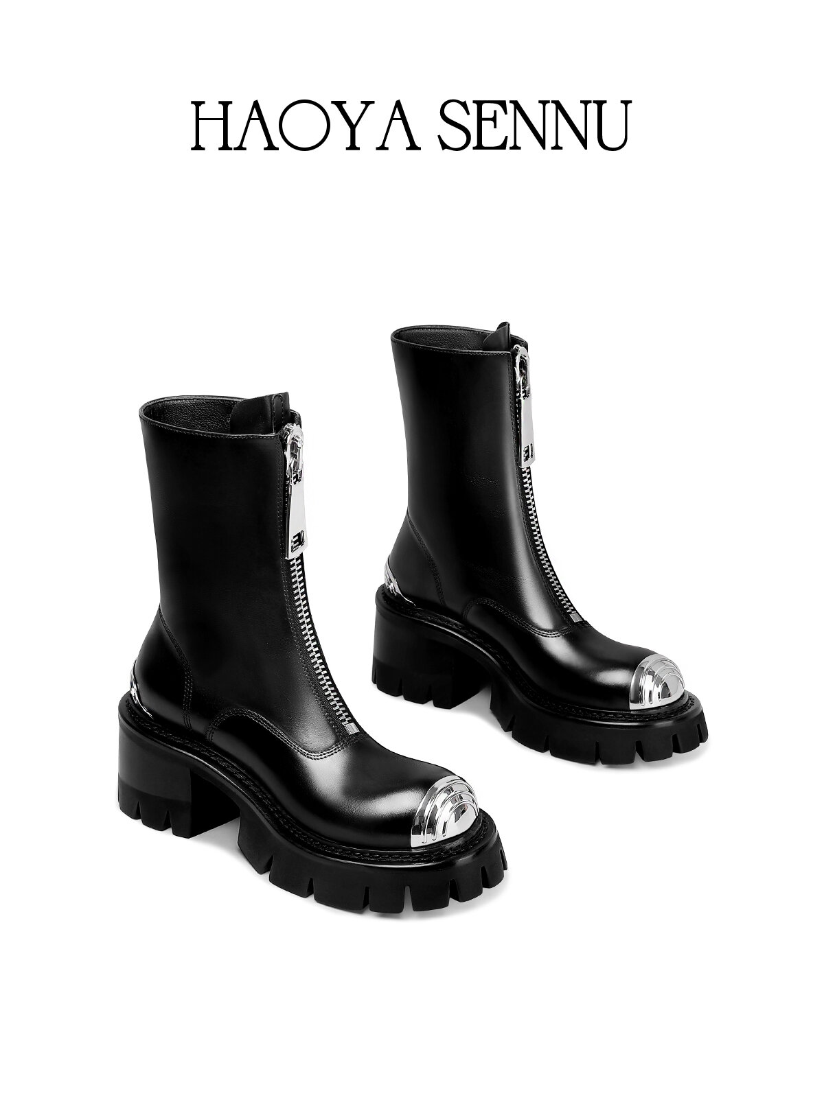 HAOYASENNU | Black Round Toe Women's Short Boots Leather Large Zipper Height-increasing Slimming Thick Sole Motorcycle Boots Anti-kick Thick Heel ราคา 9,091 บาท*ส่งฟรี