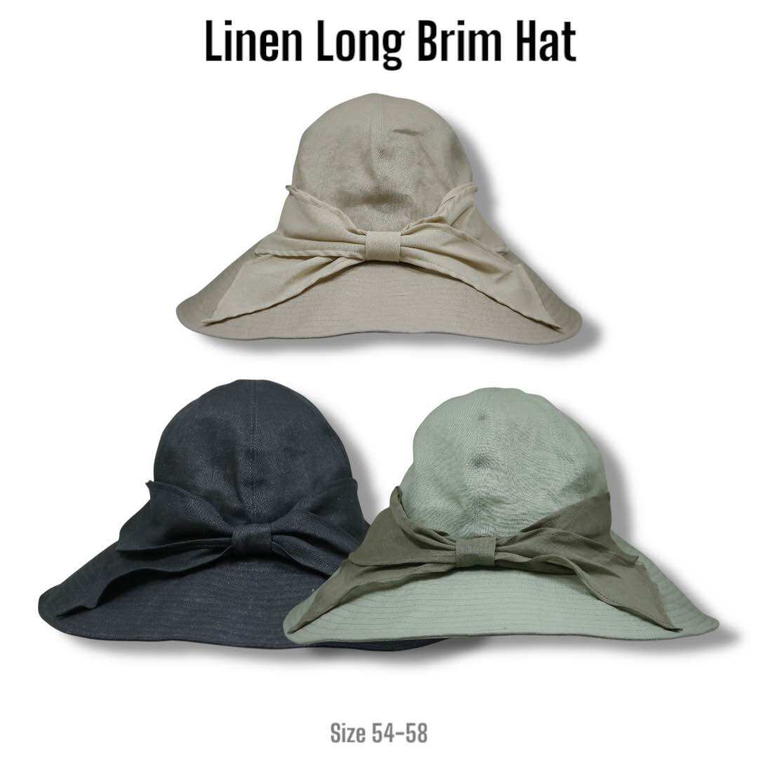 Muak- Linen Long Brim Hat หมวกผ้าลินิน ทรงปีกกว้าง สามารถกันเเดดได้ดี มีสายปรับไซส์ด้นใน ทรงสวยเหมาะกับการใส่เที่ยวทะเล ราคา 1,043 บาท*ส่งฟรี