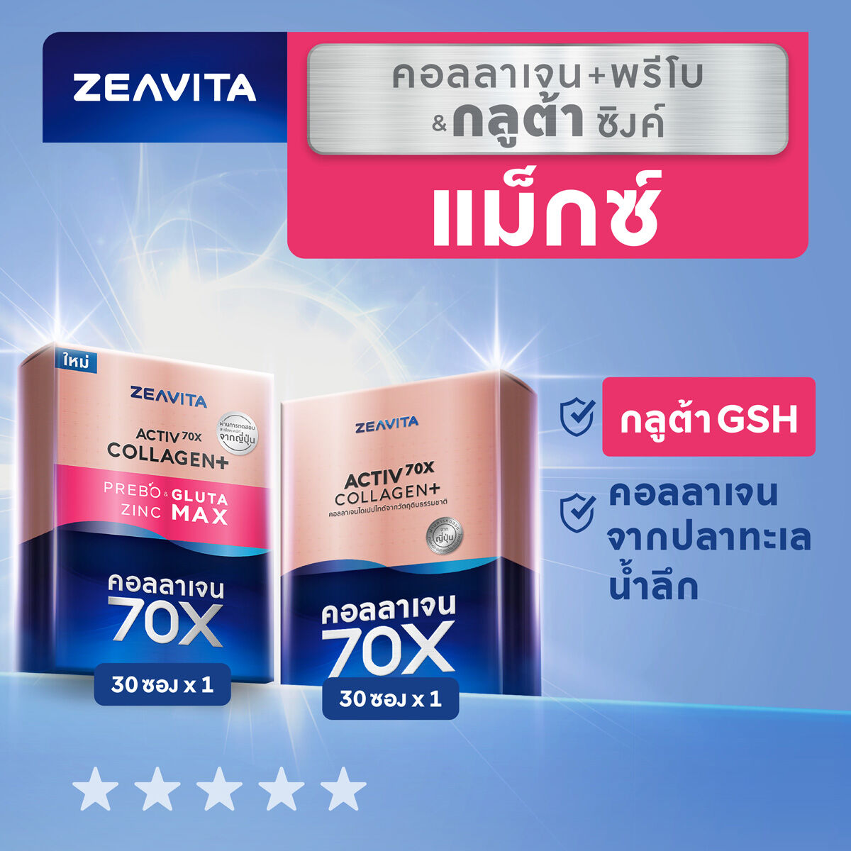 Zeavita ซีวิต้า คอลลาเจนไดเปปไทด์100%+วิตามินซี ผิวและข้อ (30ซองx1กล่อง)และกลูต้า&ซิงค์ +พรีไบโอติก (30ซองx1กล่อง) collagen ราคา 1,688 บาท*ส่งฟรี