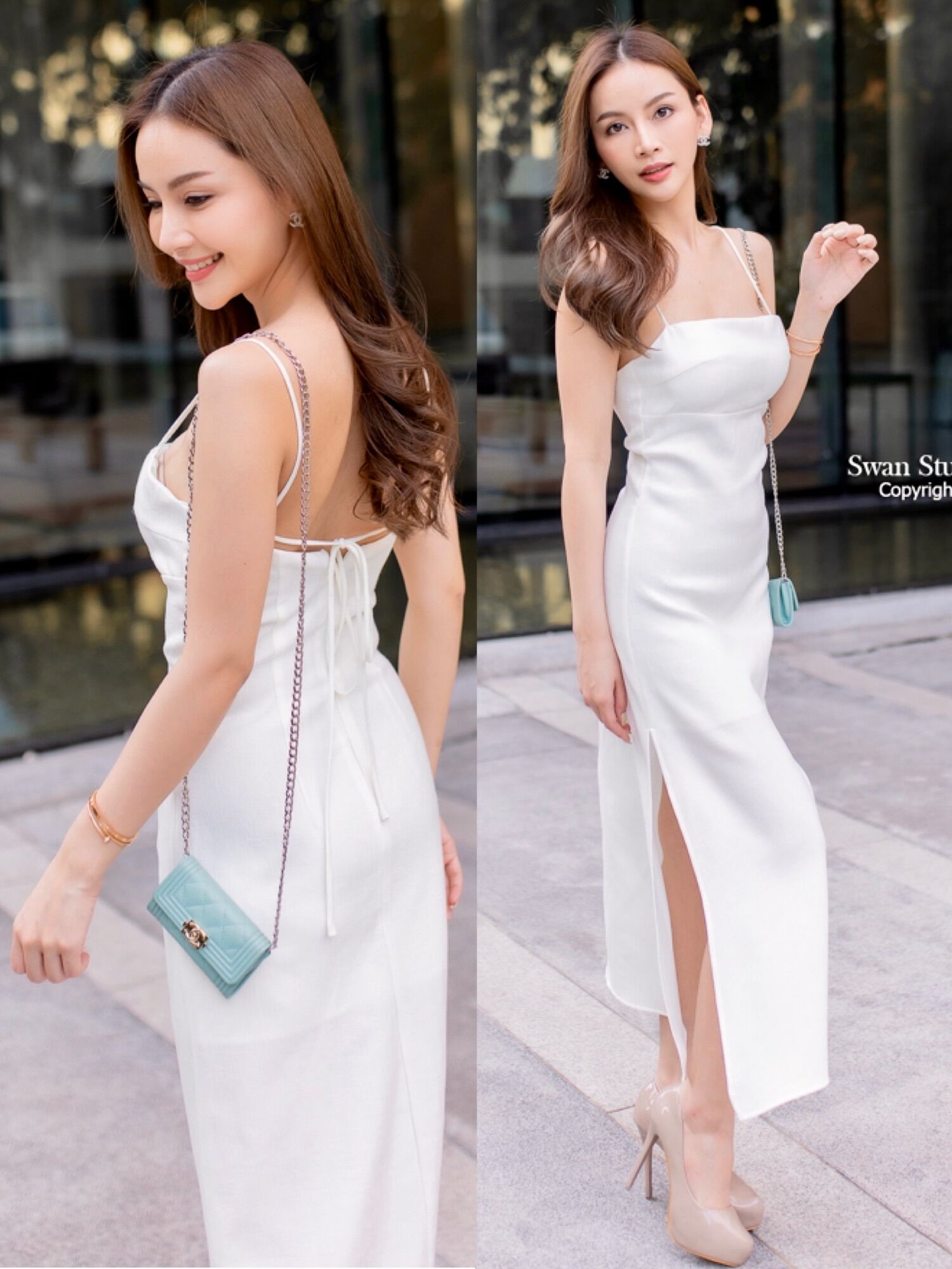 เดรสยาวสีเขียวเข้ม สายหนา ดีไซน์ไขว้หน้า ทรงเข้ารูป main image 0