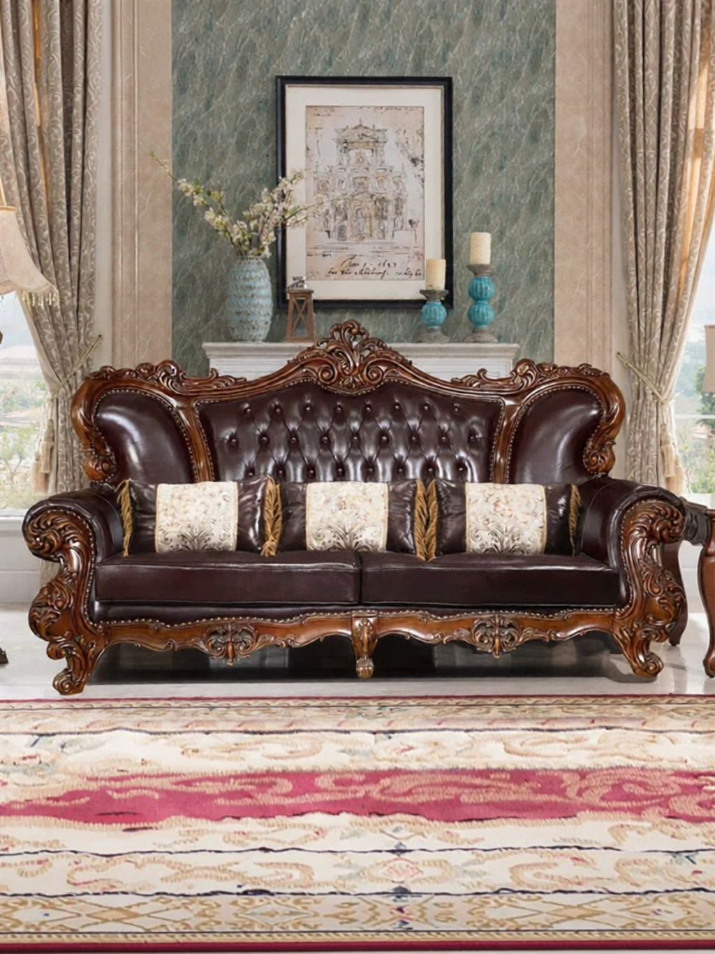 American Retro Large Households European Style Genuine Leather Sofa Set ราคา  238,199 บาท*ส่งฟรี