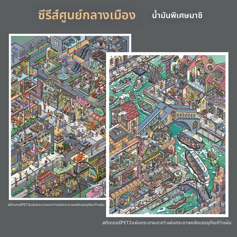 สติกเกอร์ 3D ฉากเมืองมินิเอเจอร์ ลอกติดง่าย ไม่ต้องใช้กาว ผ่อนคลาย รายละเอียดสมจริง เคลือบเงาพิเศษ