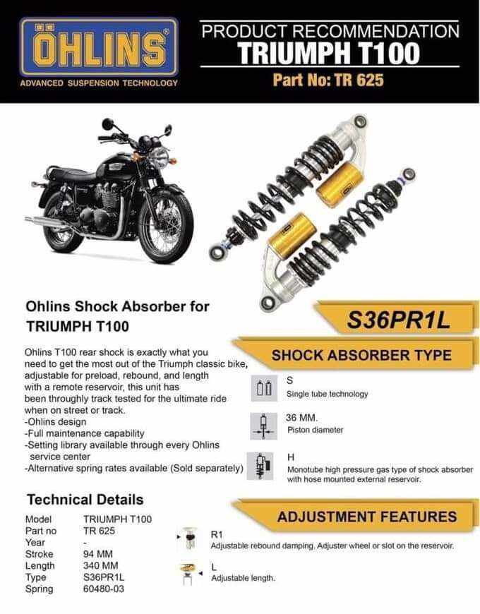 Rear Shock Ohlins Tr625 for Triumph Bonneville T100/Mag Wheel/Se/New Church up to Year 2015.