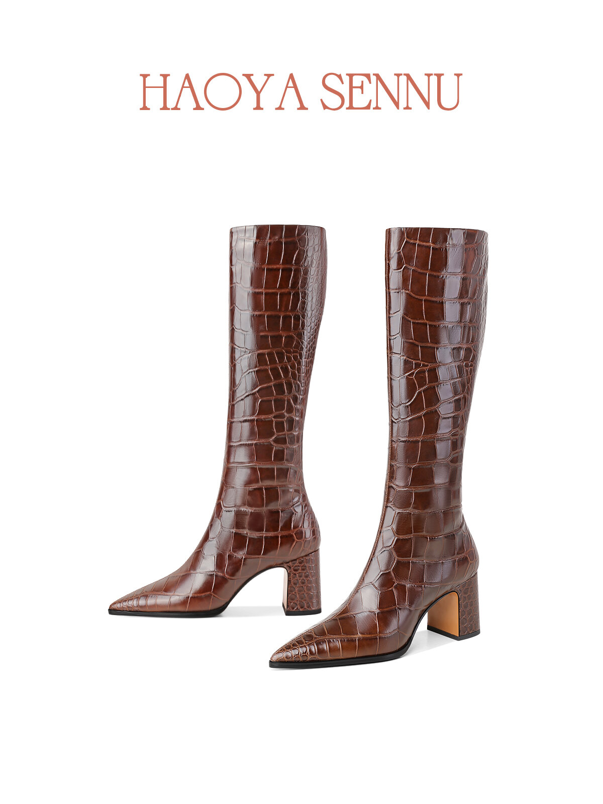 HAOYASENNU | Stylish Pointed Toe High Heel Leather Boots with Crocodile Texture ราคา 9,974 บาท*ส่งฟรี